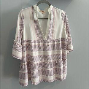 Mazik White & Pink Patterned V-Neck Peplum Top